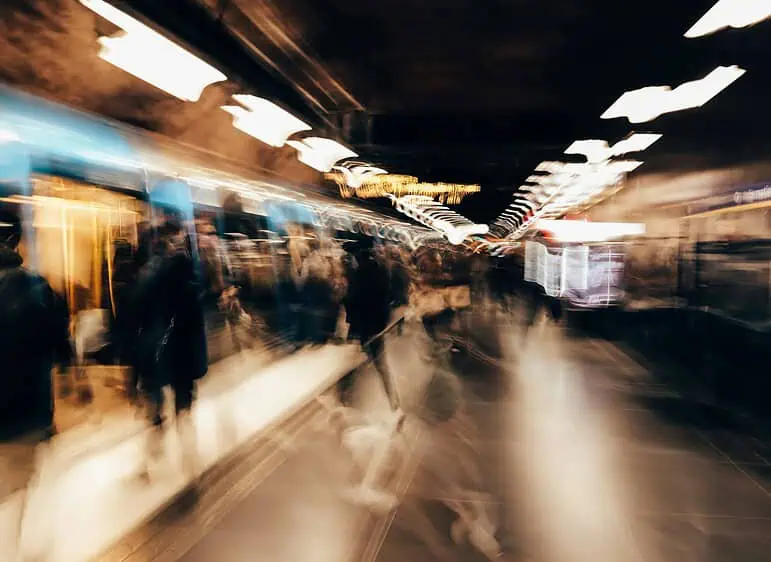 crowded and busy large train station